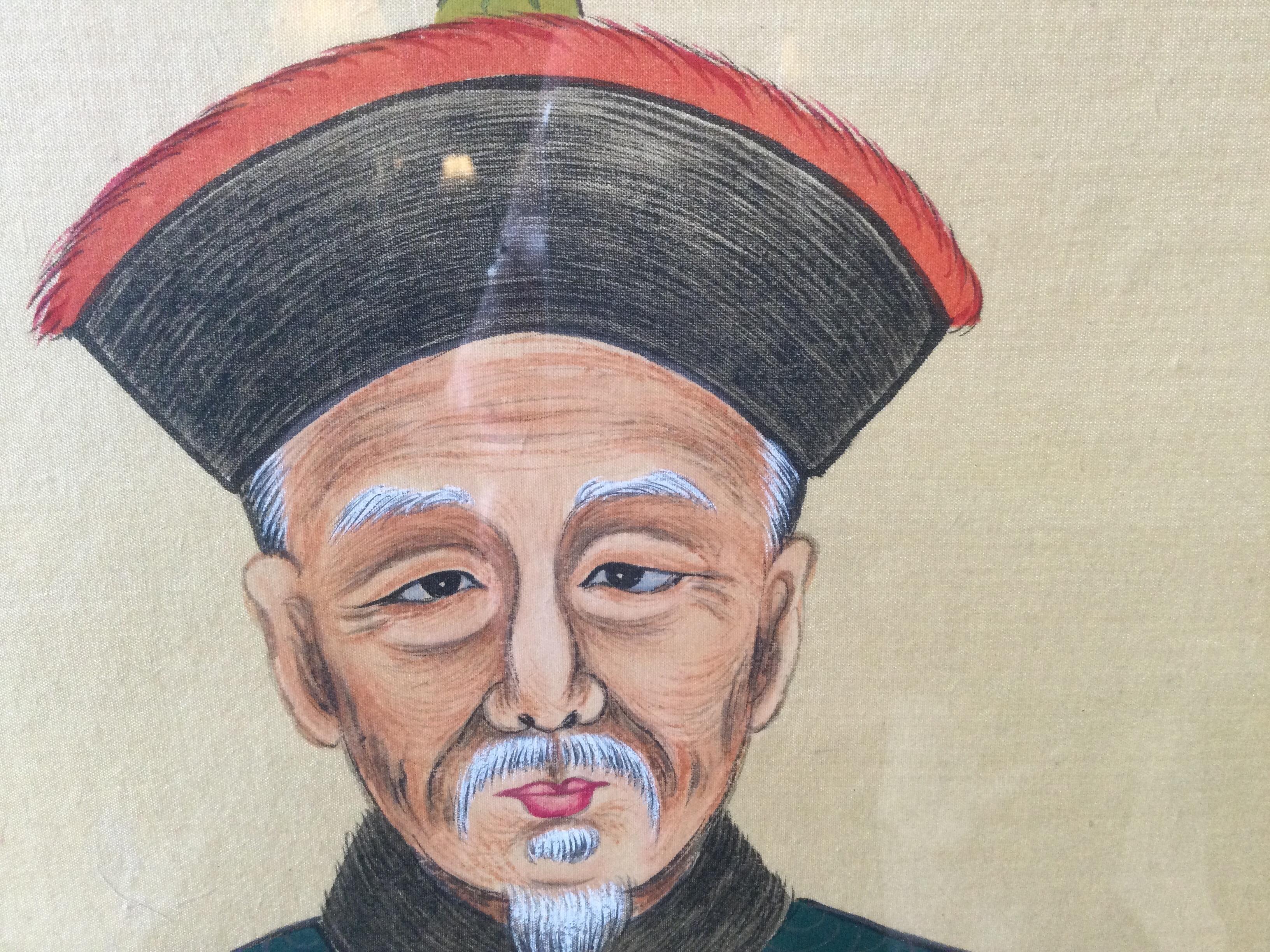 Painted Early 20th Century Pair of Chinese Ancestral Paintings in Custom Frames For Sale