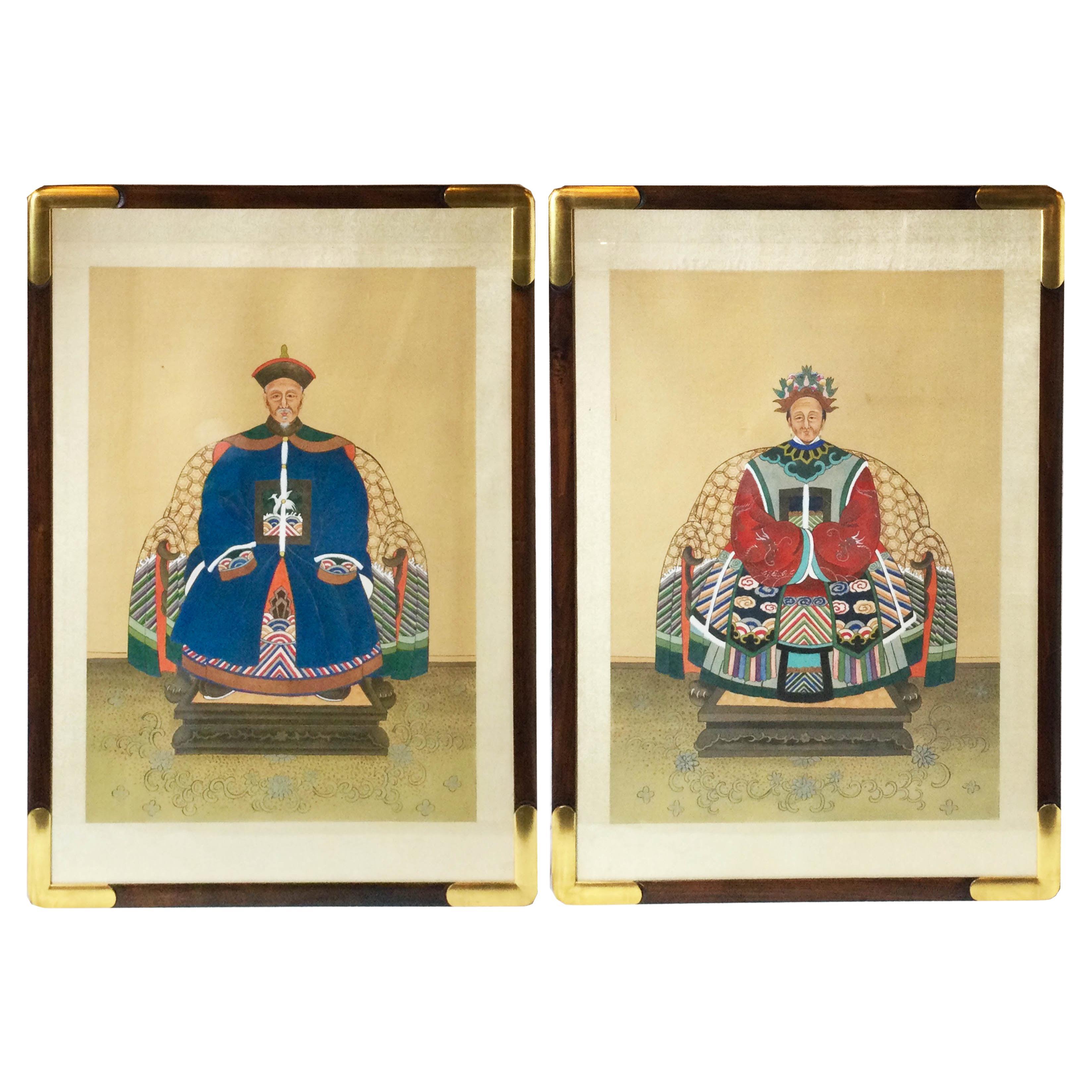 Paire de peintures chinoises anciennes du début du XXe siècle dans des cadres sur mesure
