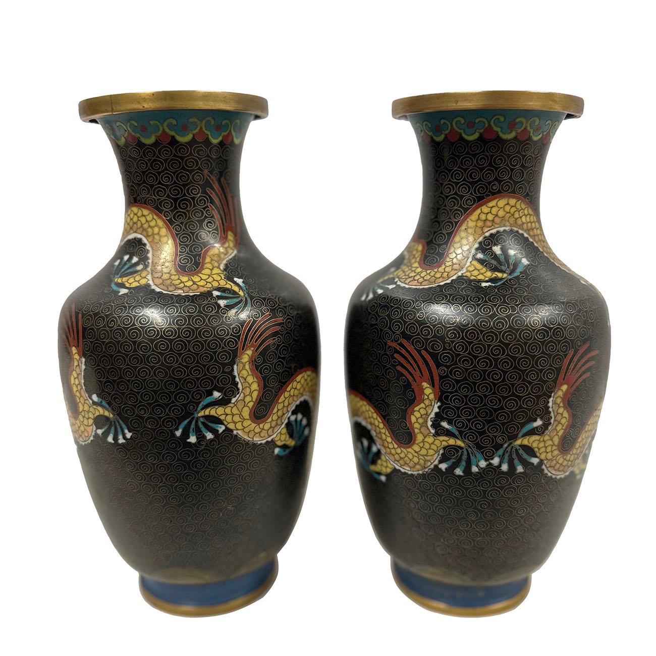 Chinese Export Early 20th Century Pair of Chinese Cloisonne Enamel Dragon Vases