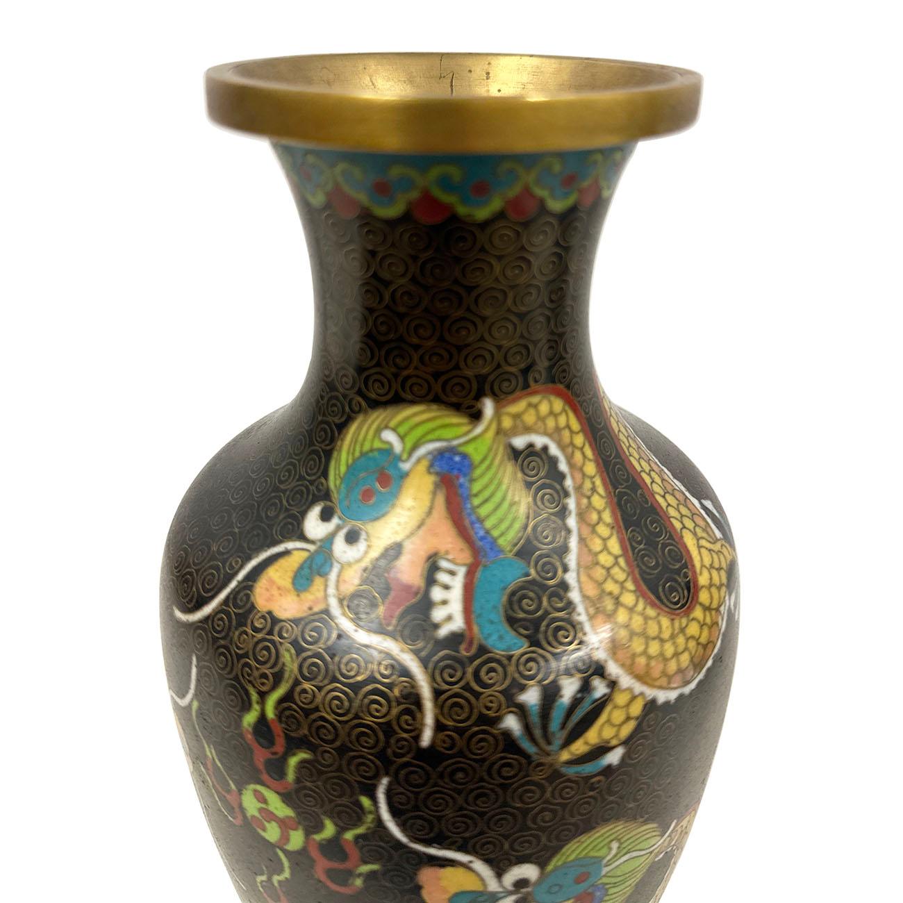 Early 20th Century Pair of Chinese Cloisonne Enamel Dragon Vases In Good Condition In Pomona, CA