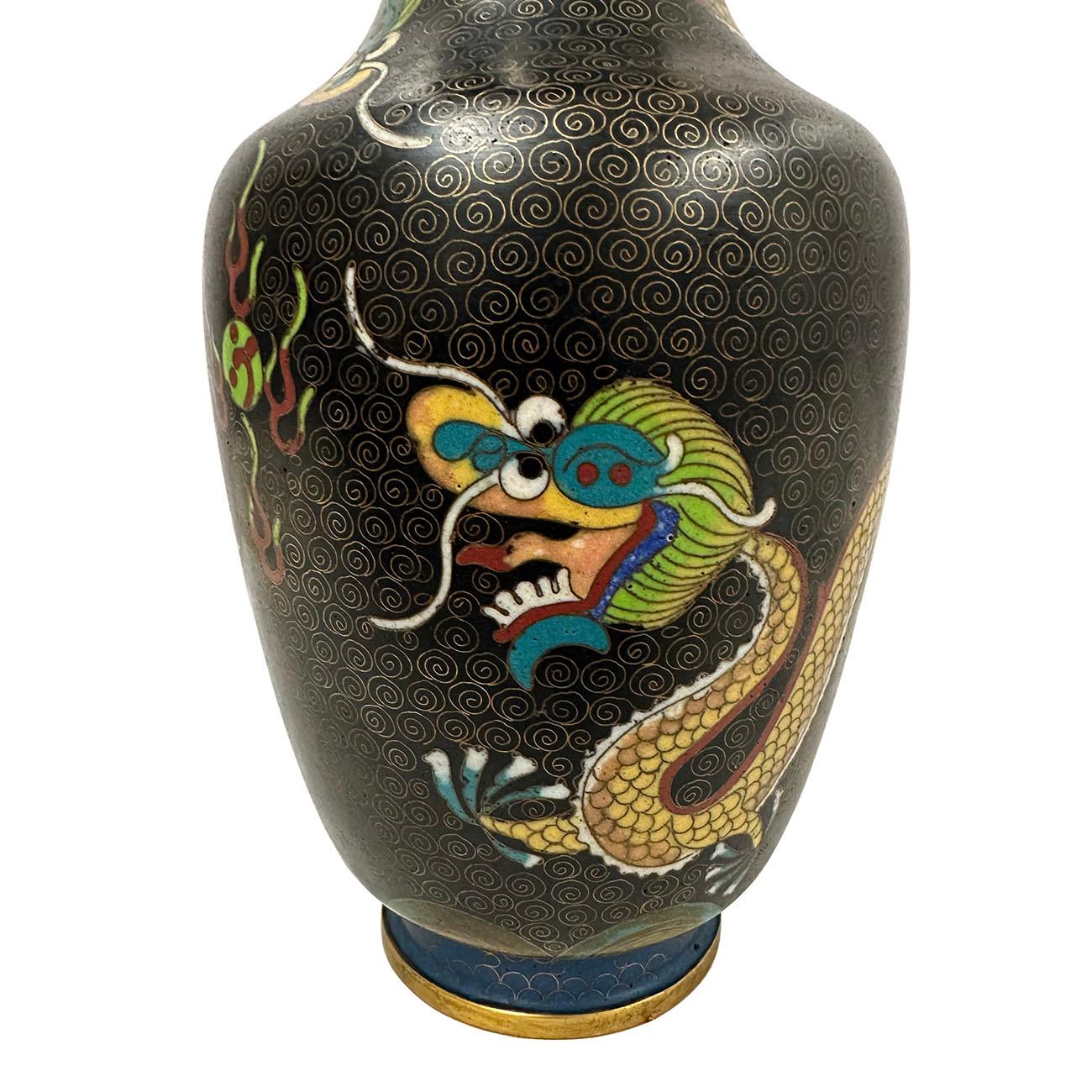 Early 20th Century Pair of Chinese Cloisonne Enamel Dragon Vases 1