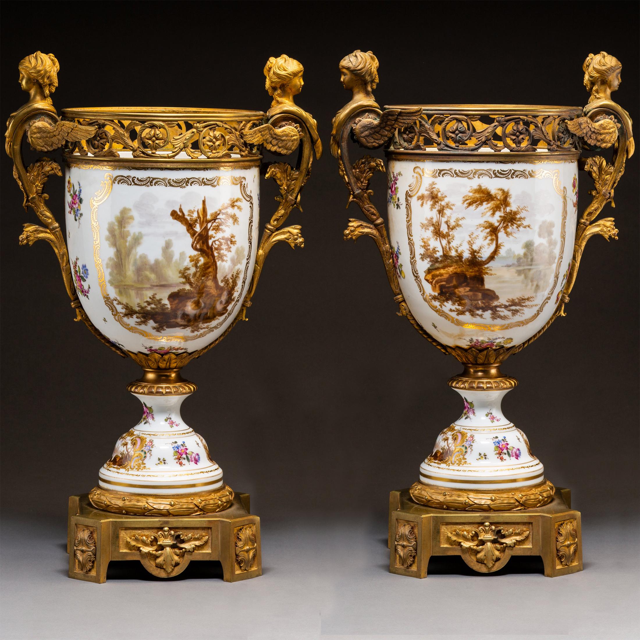 French Early 20th Century Pair of Continental Gilt Bronze-Mounted Painted Porcelain Urn