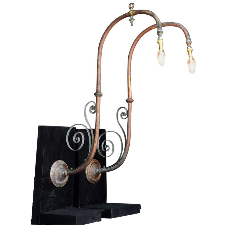 Early 20th Century Pair of Copper and Brass Converted Wall Gas Lights For  Sale at 1stDibs