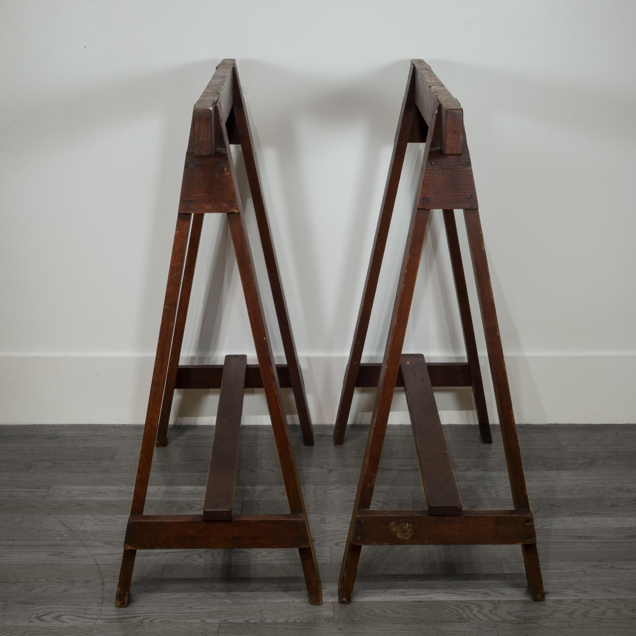 About

These are original pair of Douglas Fir sawhorses from 1910 in the French treteaux style. The style is defined by the leg join which has a beveled double angle at the top. The pieces have been lightly refinished and have retained their