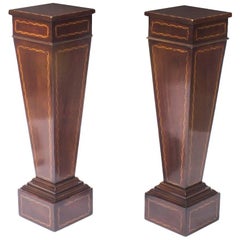 Antique Early 20th Century Pair of Edwardian Mahogany Inlaid Pedestals Torchere Stands