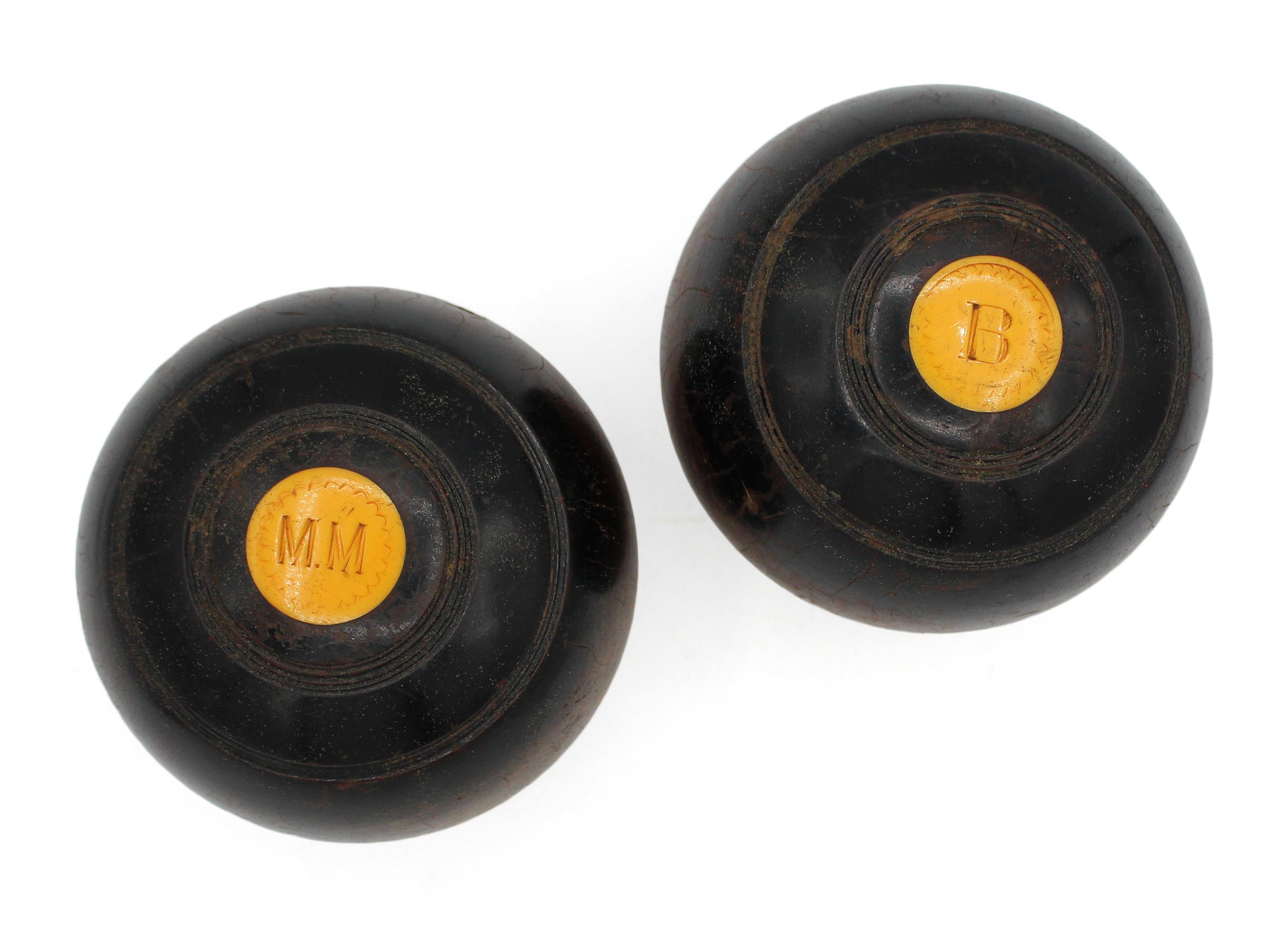 Leather Early 20th Century Pair of English Lawn Bowls For Sale