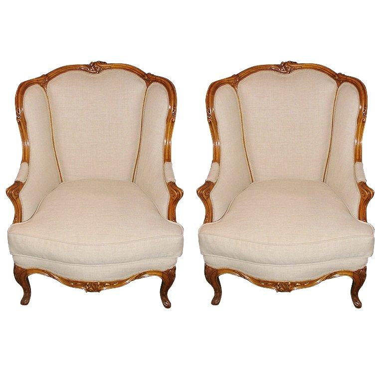 Early 20th Century Pair of French Carved Bergère Chairs