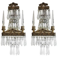 Early 20th Century Pair of French Cut Crystal Bronze Wall Sconces