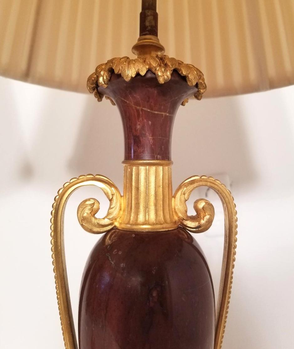 Early 20th Century Pair of French Doré Bronze and Rouge Marble Lamps In Good Condition In Charleston, SC