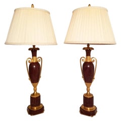 Early 20th Century Pair of French Doré Bronze and Rouge Marble Lamps