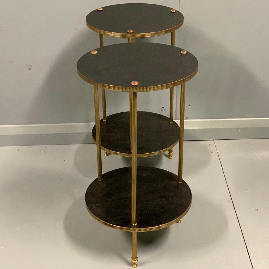 Art Deco Early 20th Century Pair of French Ebonized and Brass Two-Tier Lamp Tables