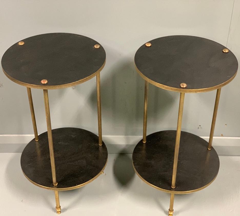 Early 20th Century Pair of French Ebonized and Brass Two-Tier Lamp Tables 4