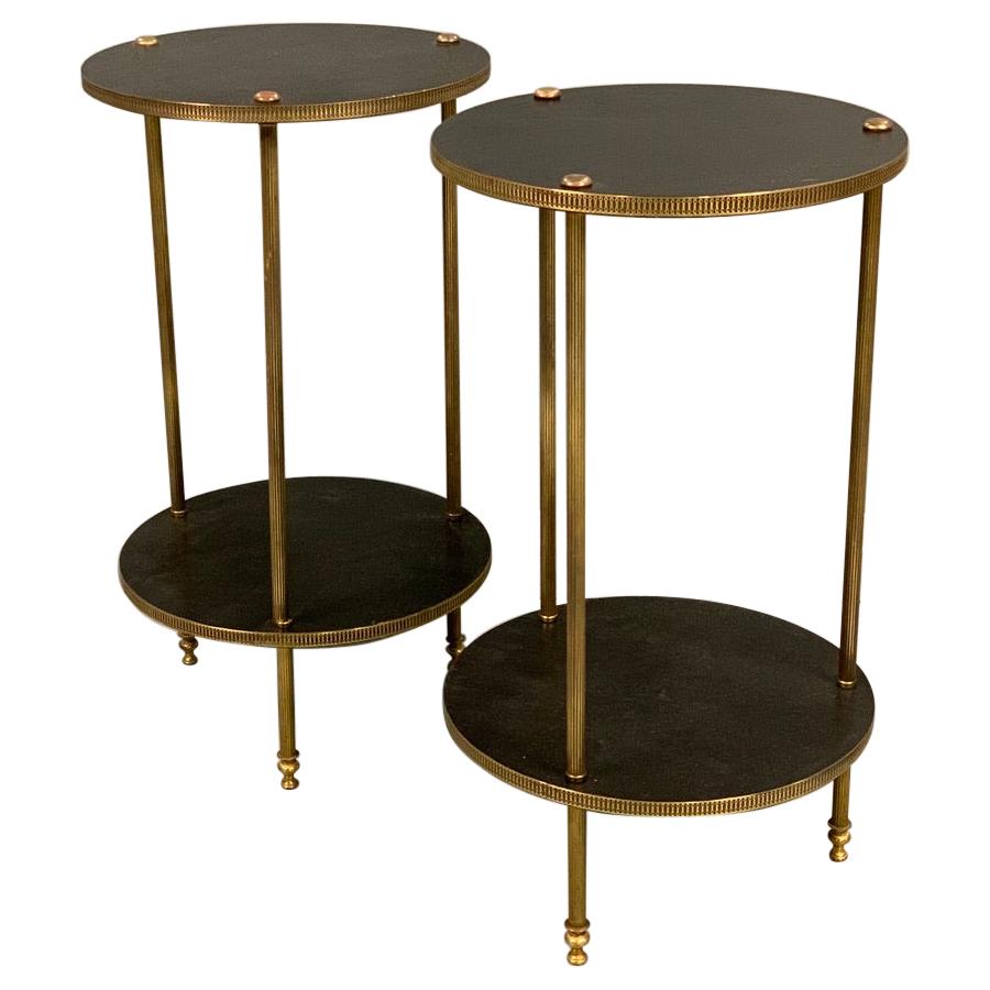 Early 20th Century Pair of French Ebonized and Brass Two-Tier Lamp Tables