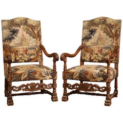 Early 20th Century Pair of French Louis XIII Armchairs with Aubusson Tapestry