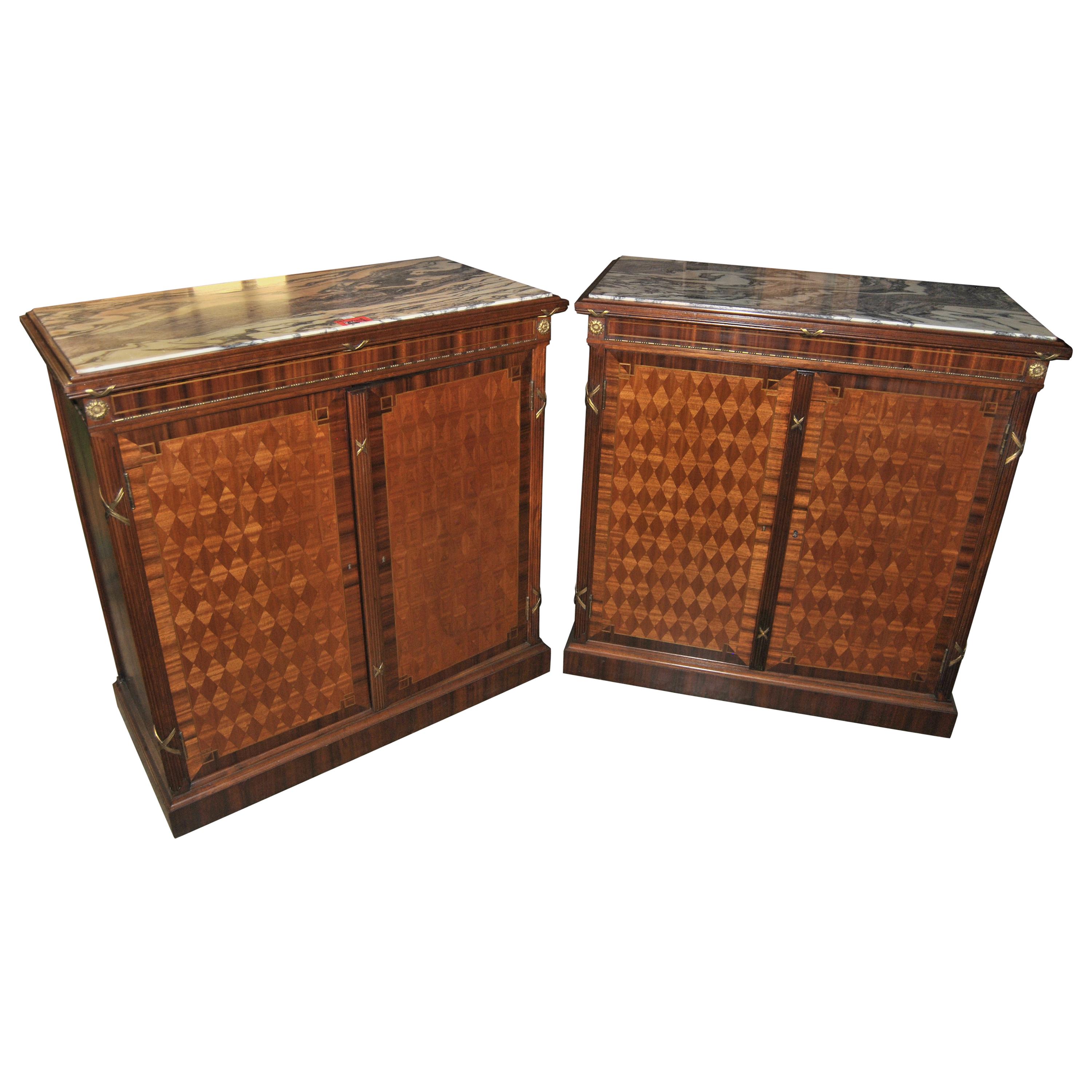 Early 20th Century Pair of French Mahogany Marble-Top Side Cabinets