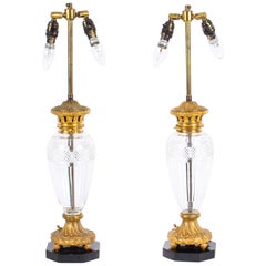 Antique Early 20th Century Pair of French Ormolu & Glass Table Lamps with Marble Bases