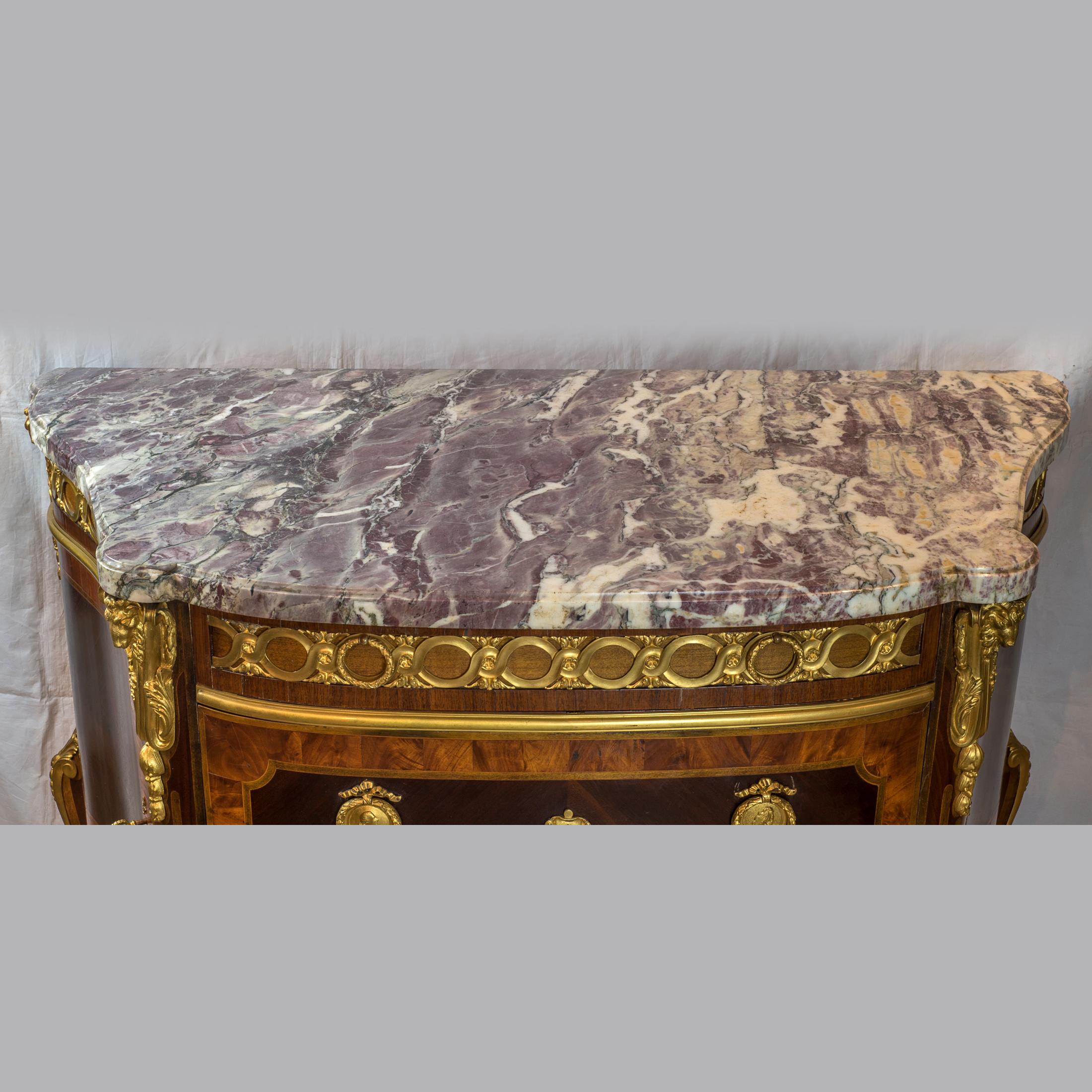19th Century Pair of Gilt Bronze-Mounted Tulipwood and Amaranth Marble-Top Commode For Sale