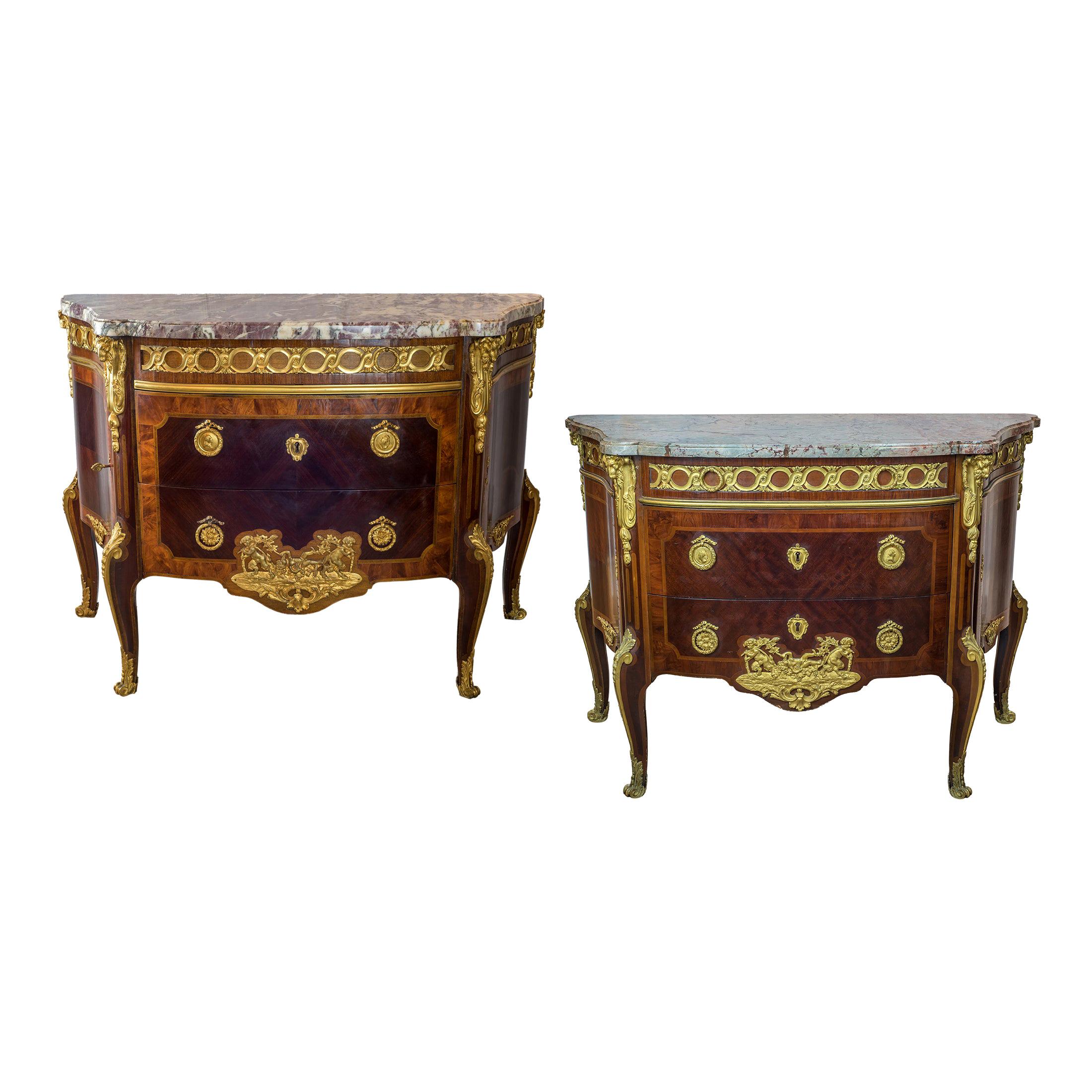 Pair of Gilt Bronze-Mounted Tulipwood and Amaranth Marble-Top Commode For Sale