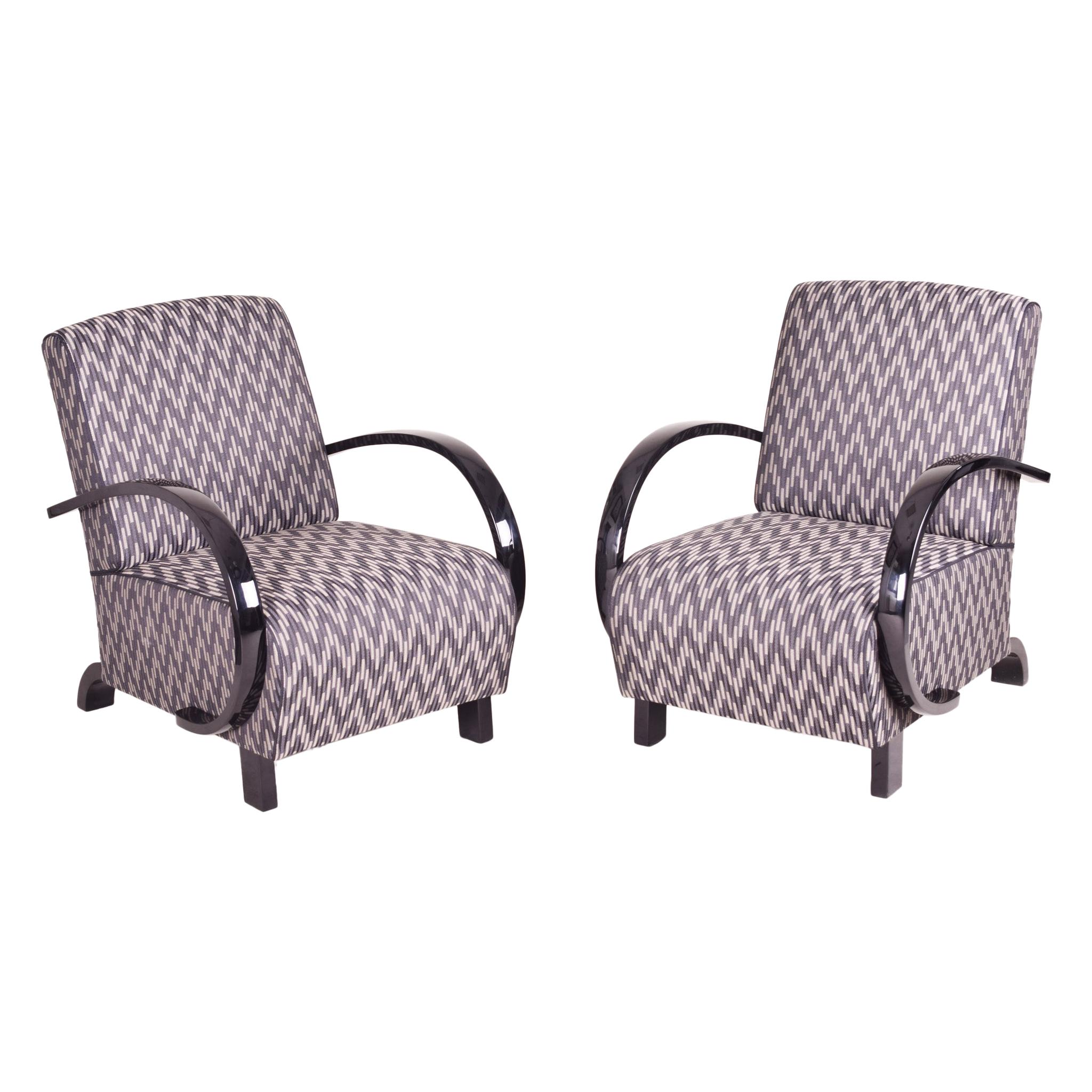 Early 20th Century Pair of Grey Art Deco Beech Armchairs, Black Lacquer, 1930s For Sale