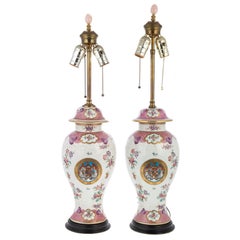 Early 20th Century Pair of Hand-Painted Samson Armorial Jar Lamps