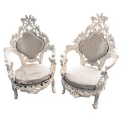 Early 20th Century Pair of Italian Carved Wood Armchairs For Reupholstery