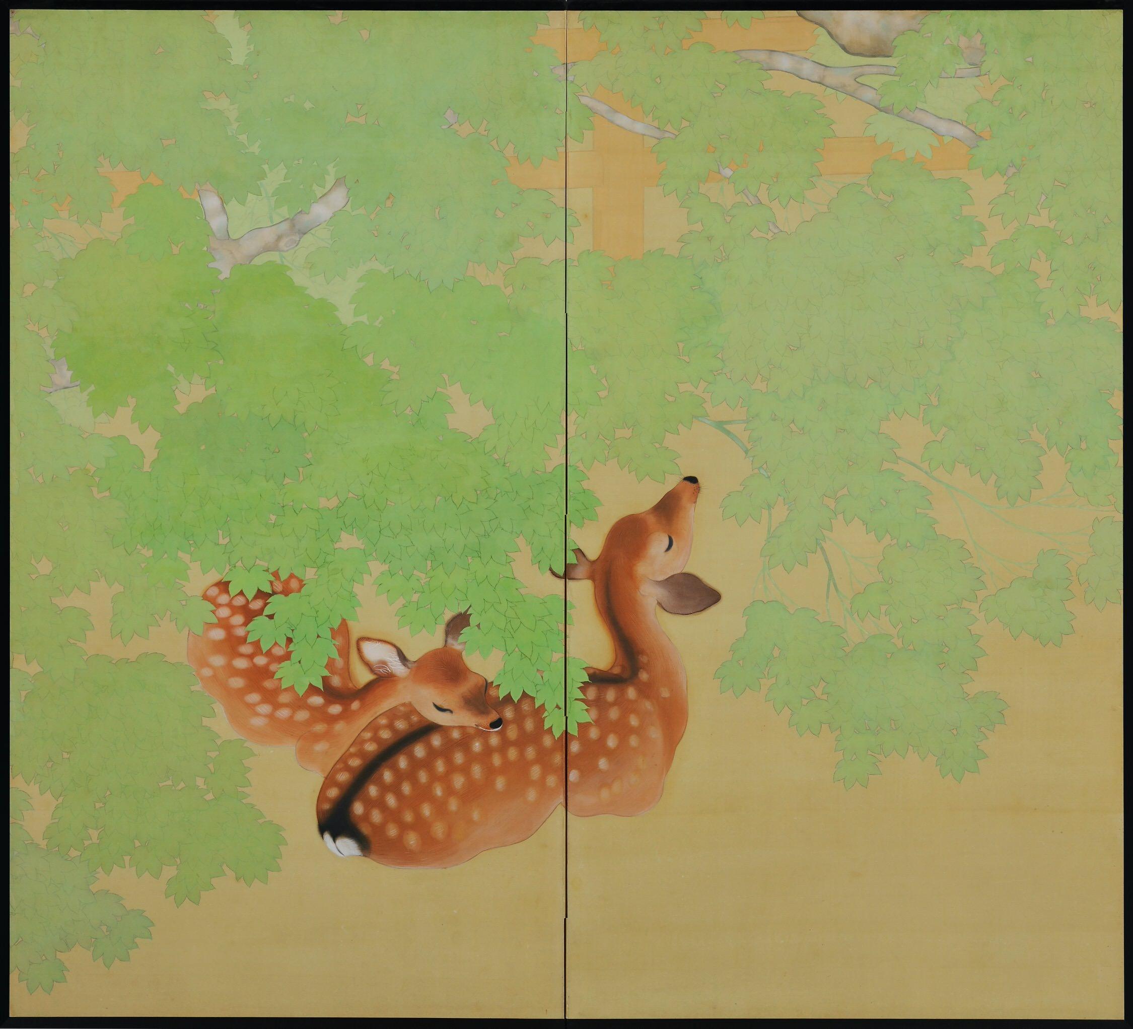 Deer under maples

Late Taisho period, circa 1925-1930

Pair of two-panel screens. Ink and pigment on silk.

Signature: Goho

Seal: Goho

A pair of two-fold Japanese silk screens from the later Taisho period depicting deer under maple
