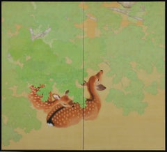 Early 20th Century Pair of Japanese Folding Screens, Deer Under Maple Trees