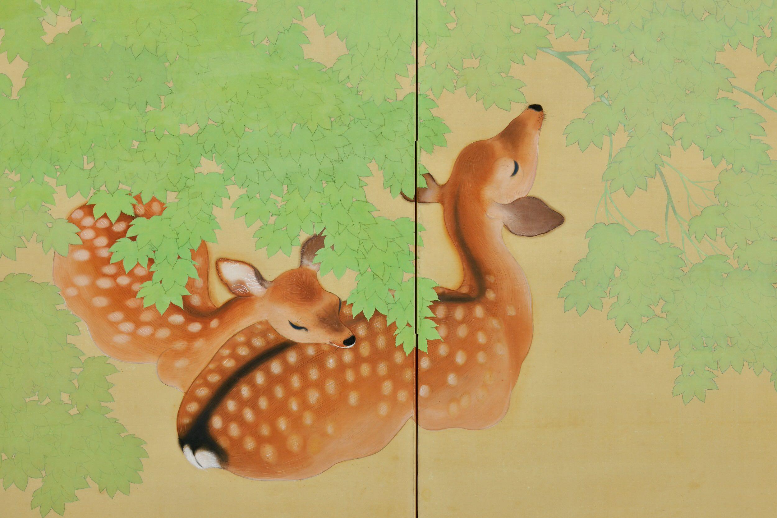 Taisho Early 20th Century Pair of Japanese Folding Screens, Deer Under Maple Trees For Sale