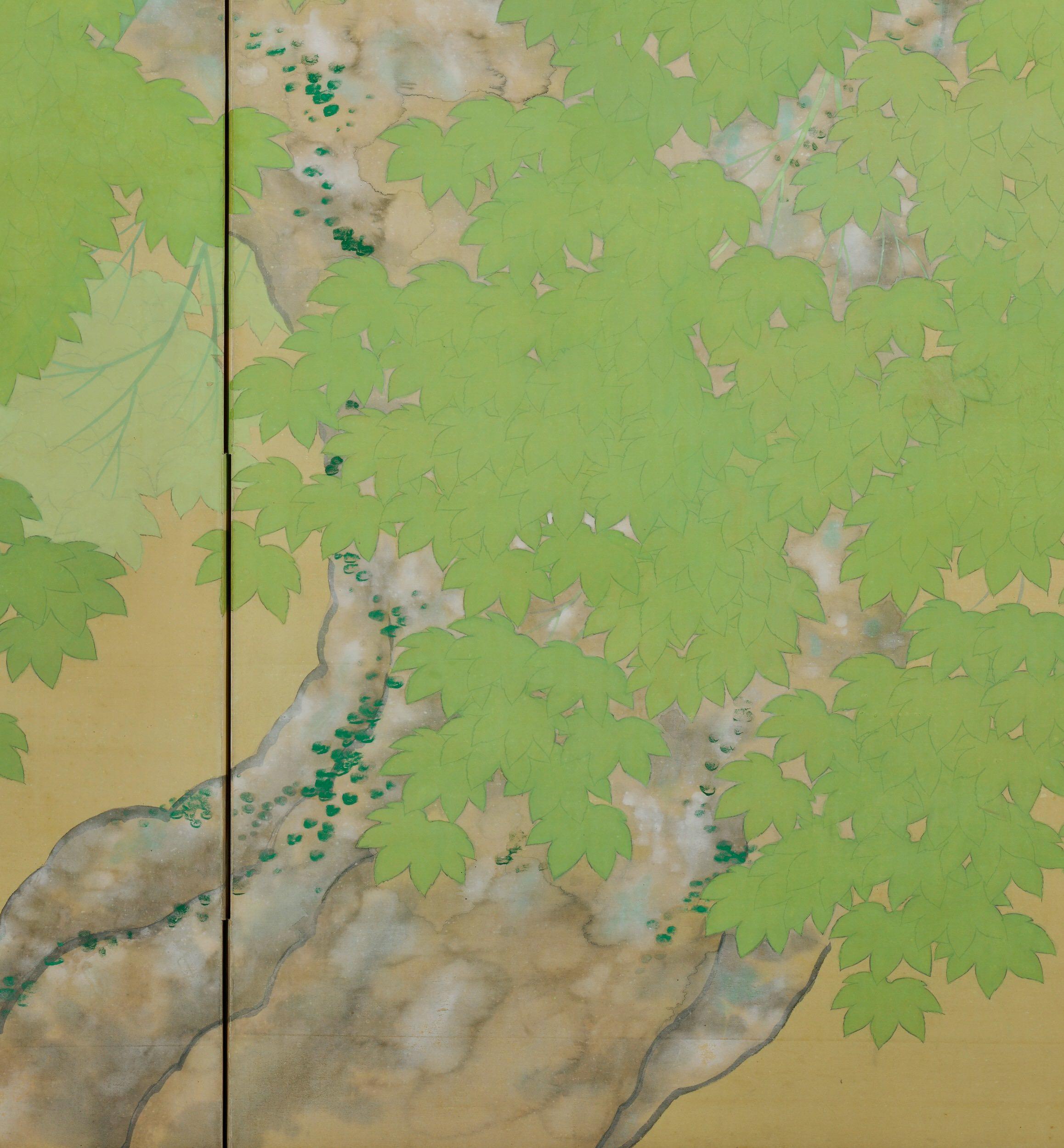 Wood Early 20th Century Pair of Japanese Folding Screens, Deer Under Maple Trees For Sale