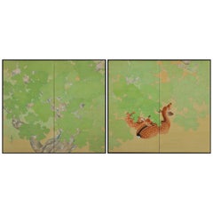 Early 20th Century Pair of Japanese Folding Screens, Deer Under Maple Trees