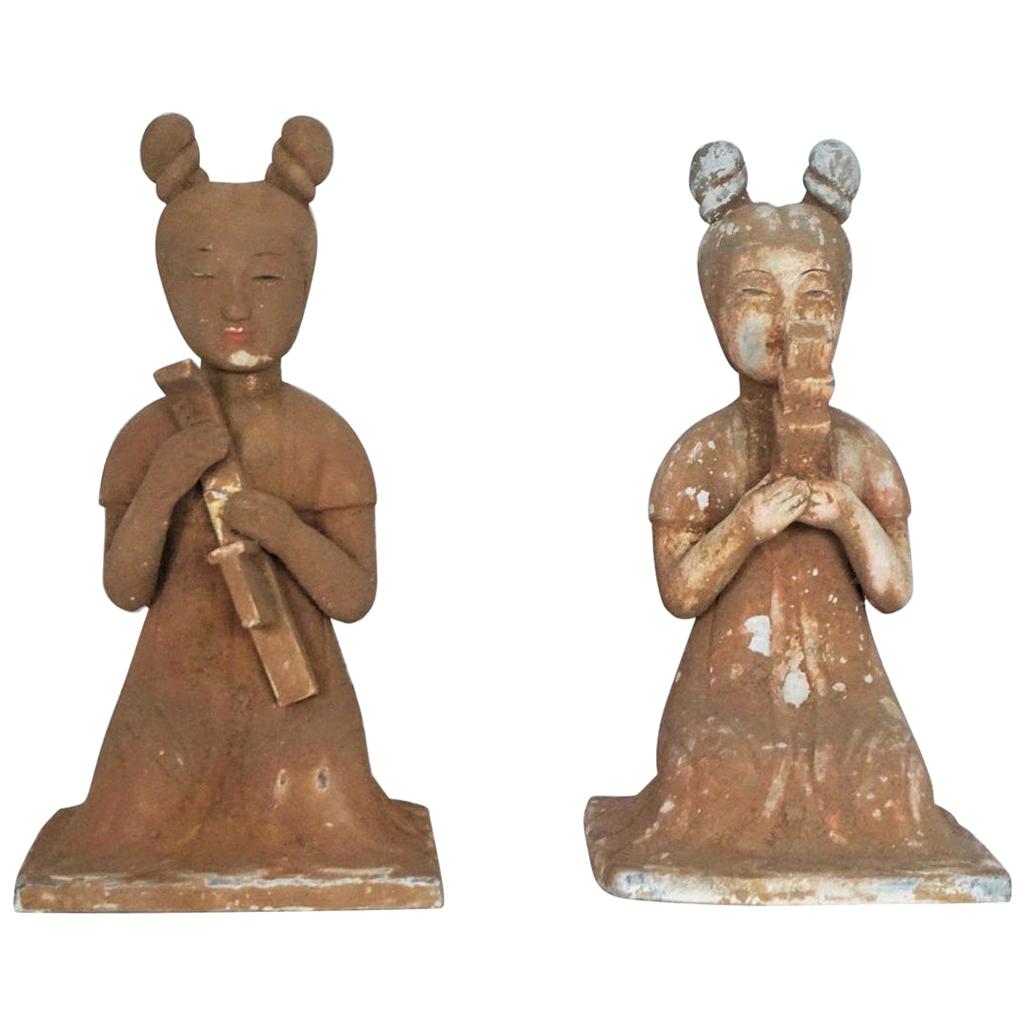 Early 20th Century Pair of Japanese Handcrafted Terracotta Female Sculptures