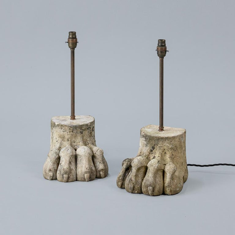 Early 20th Century Pair of Large Carved Lion Paw Lamps 5