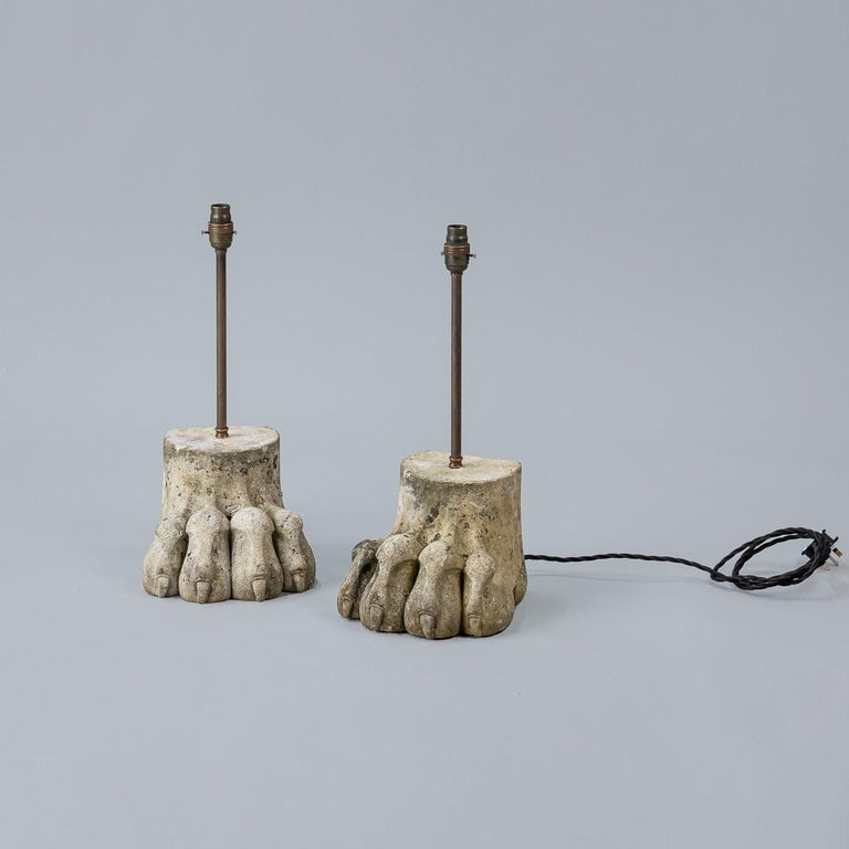Early 20th Century Pair of Large Carved Lion Paw Lamps 6