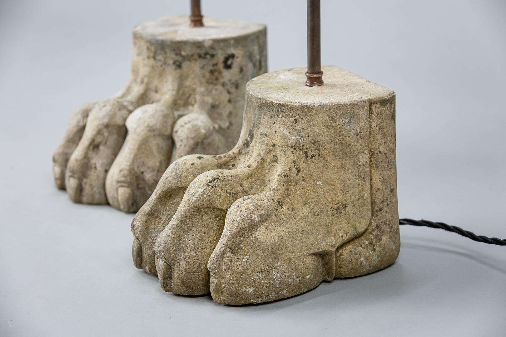 Early 20th Century Pair of Large Carved Lion Paw Lamps In Fair Condition In Pease pottage, West Sussex