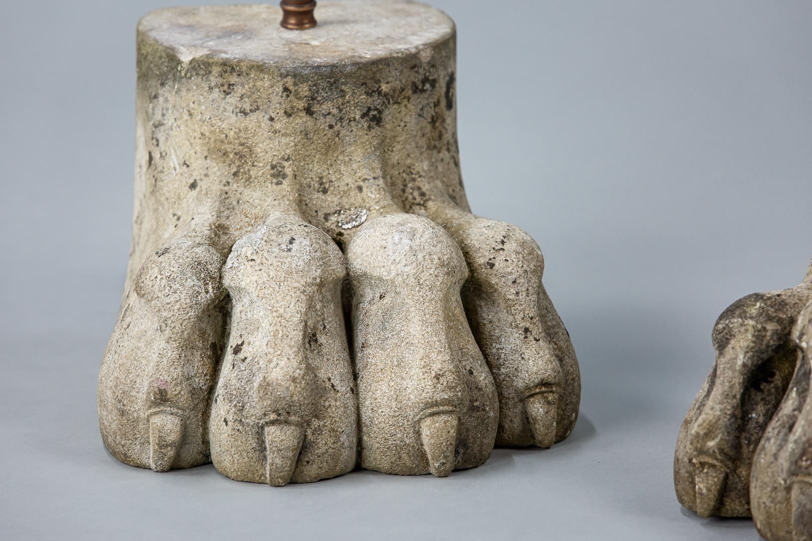 Limestone Early 20th Century Pair of Large Carved Lion Paw Lamps