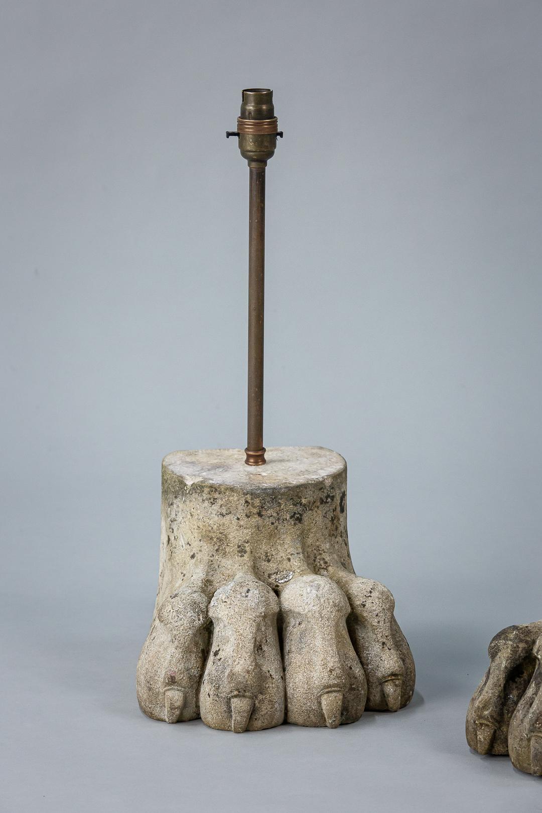 Early 20th Century Pair of Large Carved Lion Paw Lamps 4