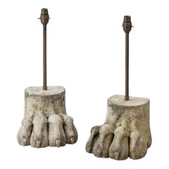 Early 20th Century Pair of Large Carved Lion Paw Lamps