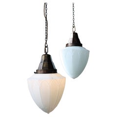 Early 20th Century Pair of Large Gothic Opaline Lanterns Lights Chandeliers