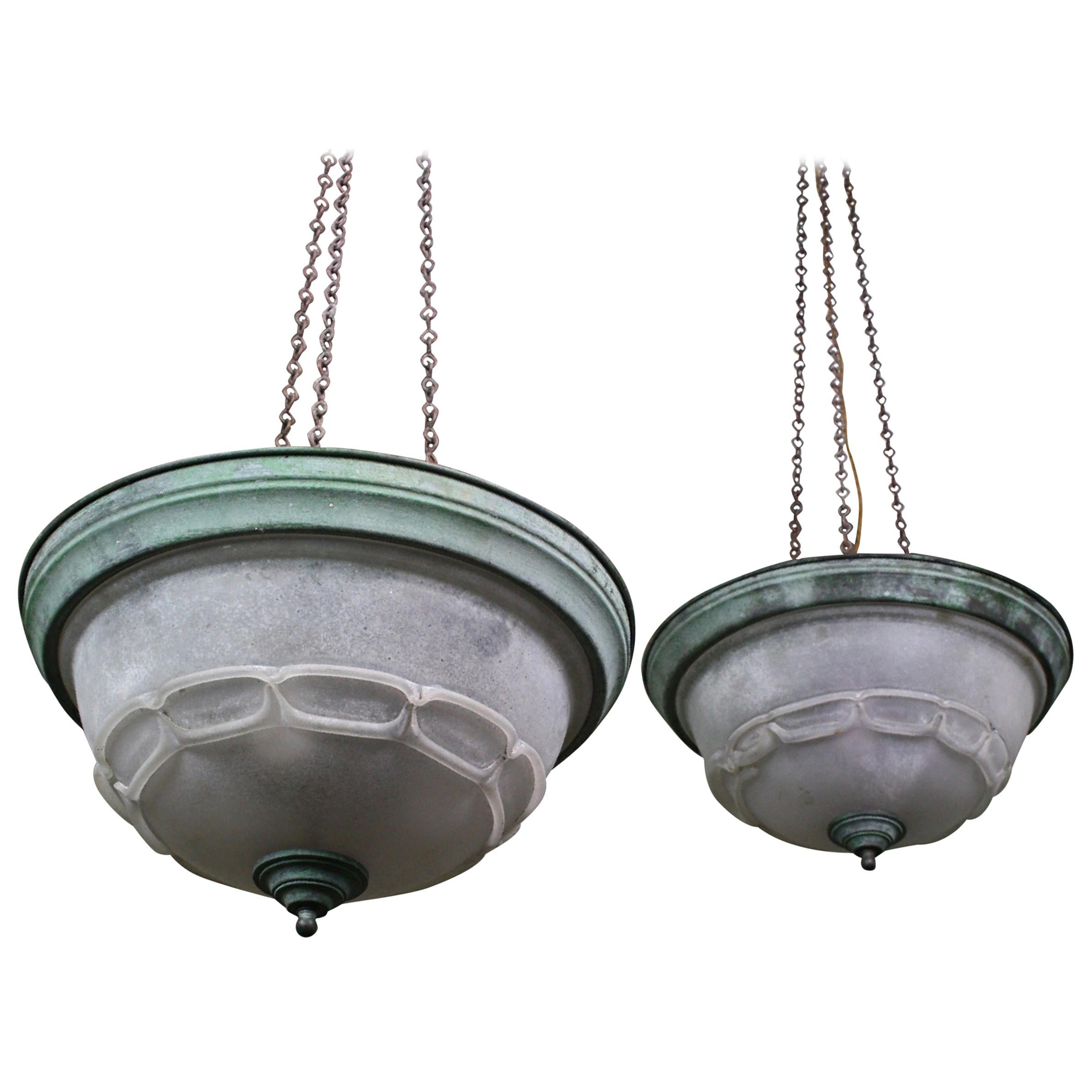 Early 20th Century Pair of Large Neoclassical Style Plafonnier Pendants Lights
