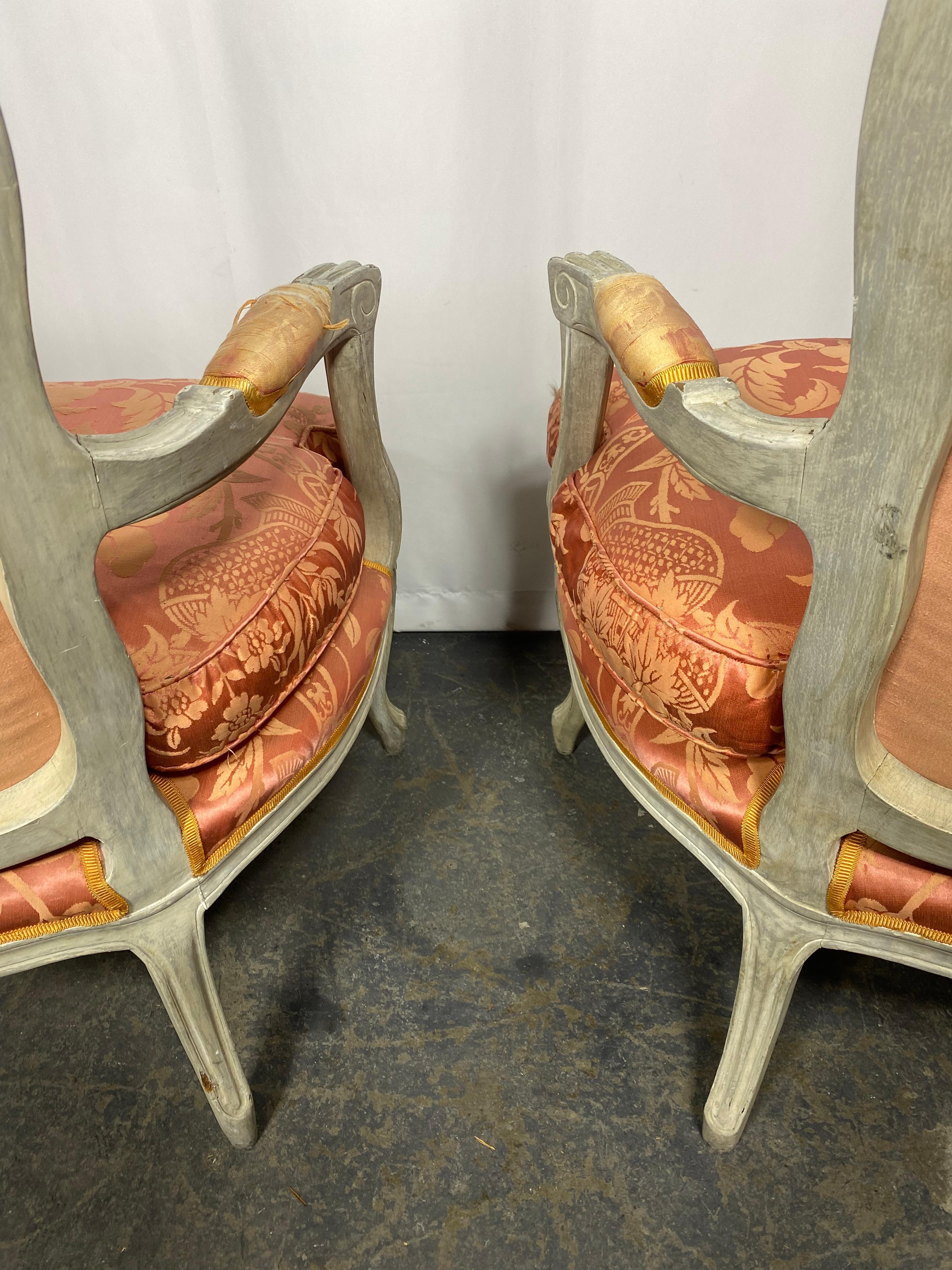 Early 20th Century Pair of Louis XV Painted Bergère/Armchairs , Down , Damask For Sale 2