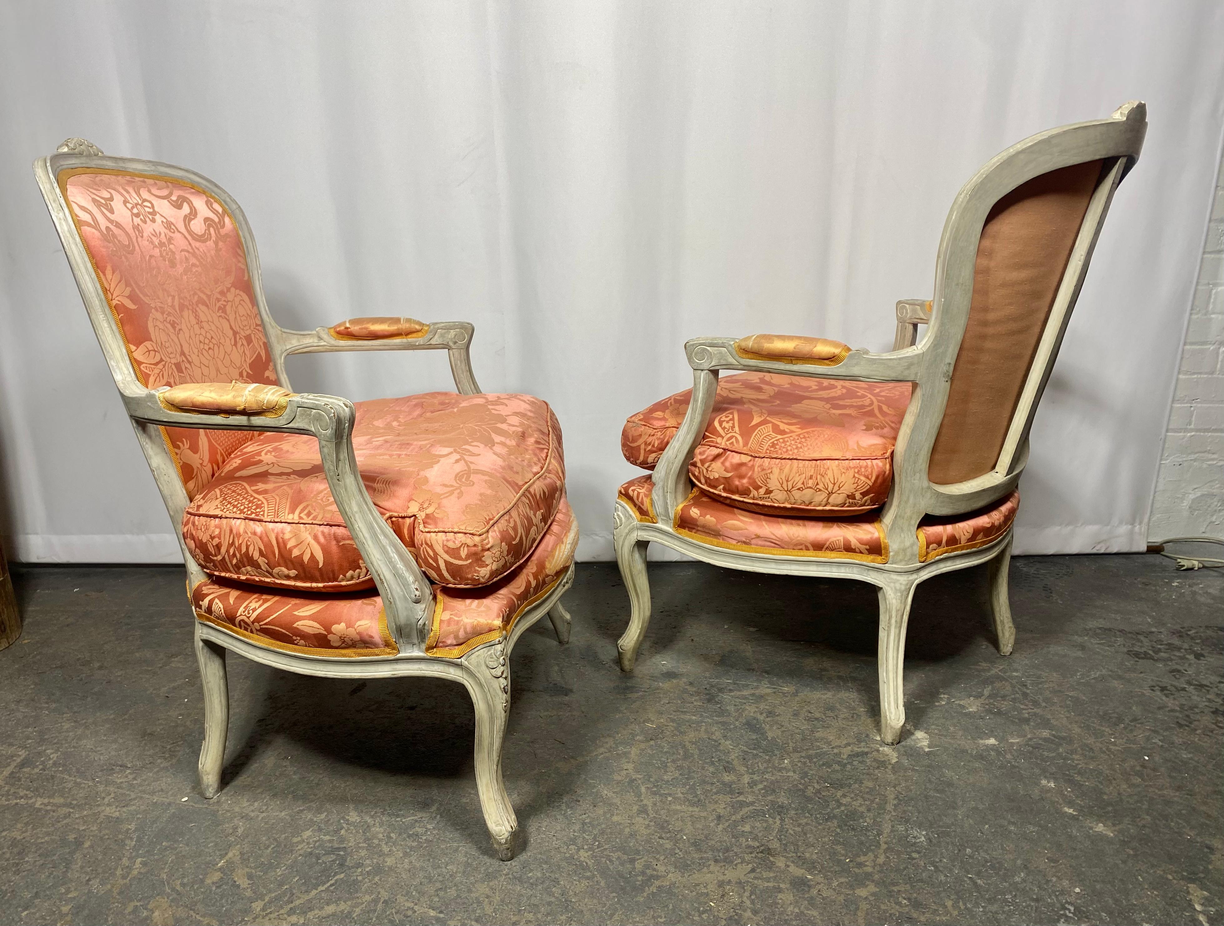 Early 20th Century Pair of Louis XV Painted Bergère/Armchairs , Down , Damask For Sale 3
