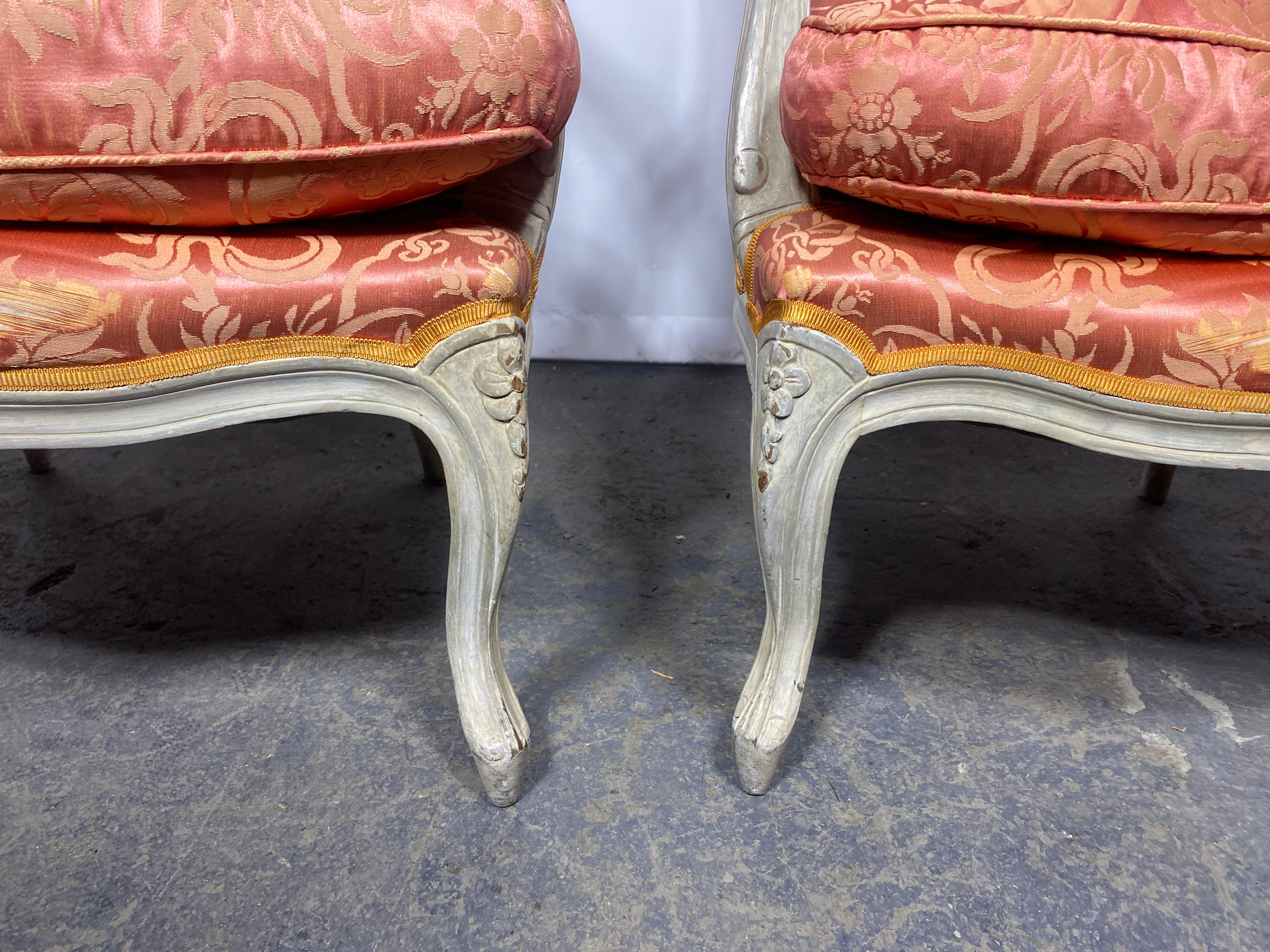 Early 20th Century Pair of Louis XV Painted Bergère/Armchairs , Down , Damask For Sale 4