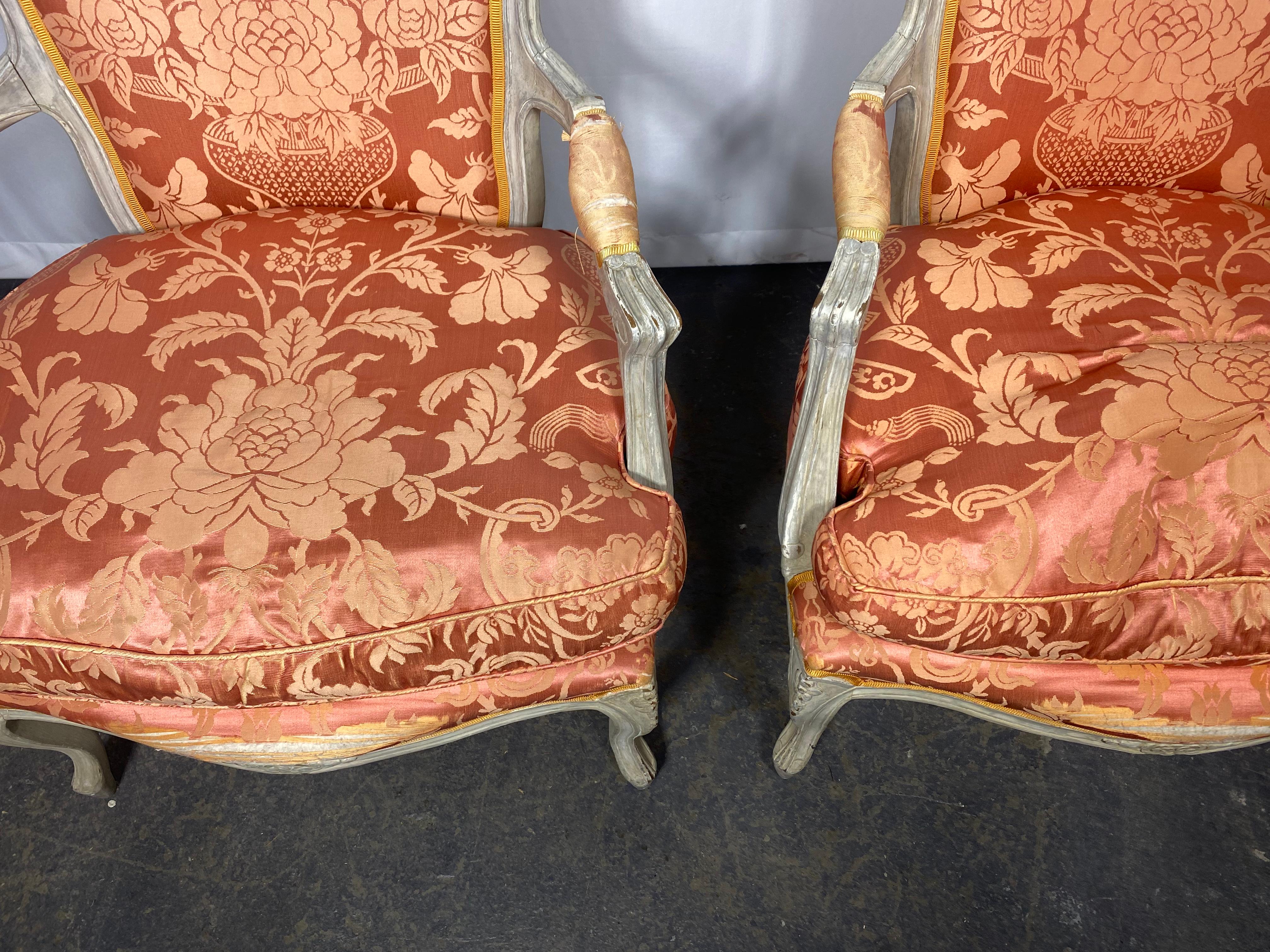 Early 20th Century Pair of Louis XV Painted Bergère/Armchairs , Down , Damask For Sale 5