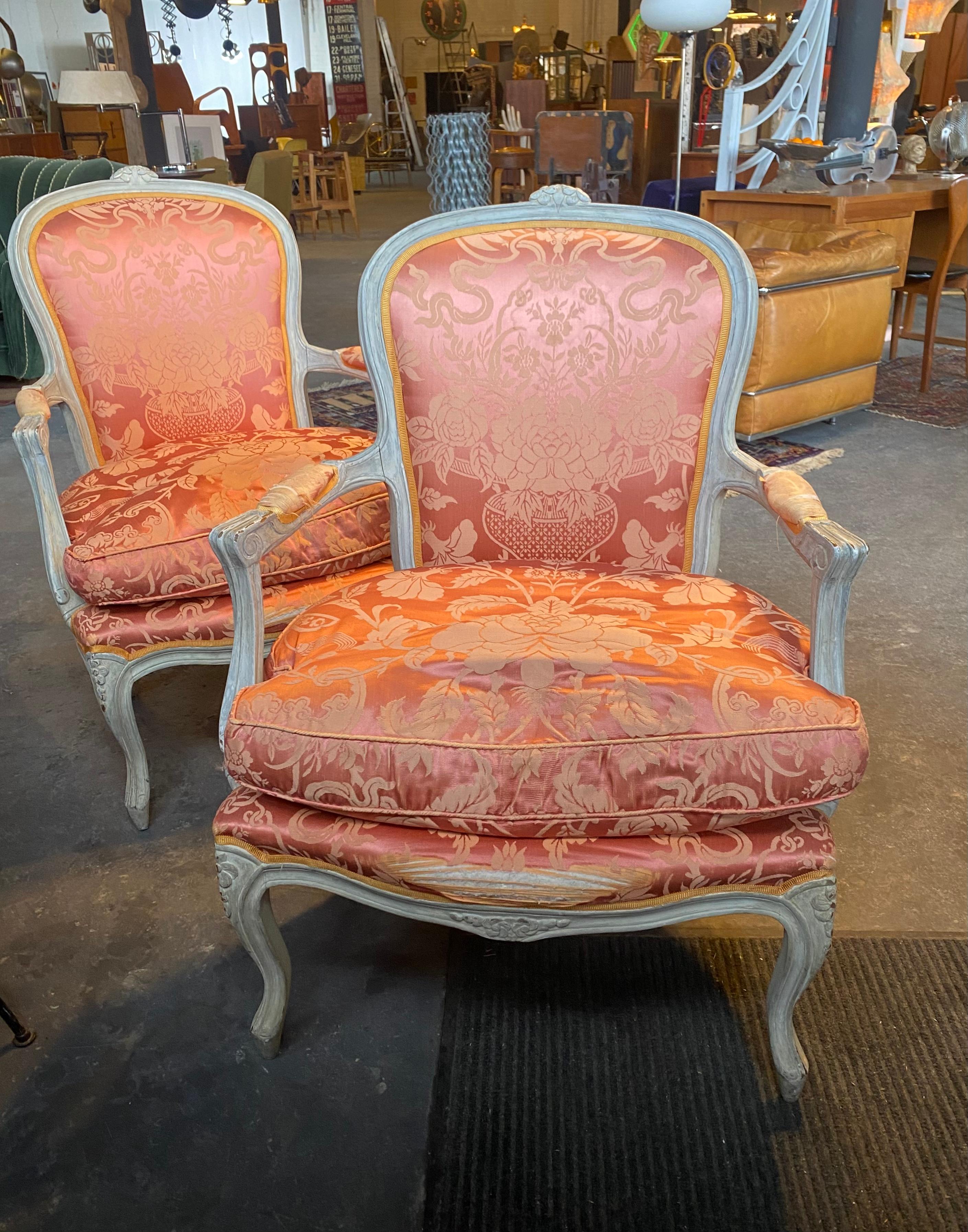 Early 20th Century Pair of Louis XV Painted Bergère/Armchairs , Down , Damask For Sale 6