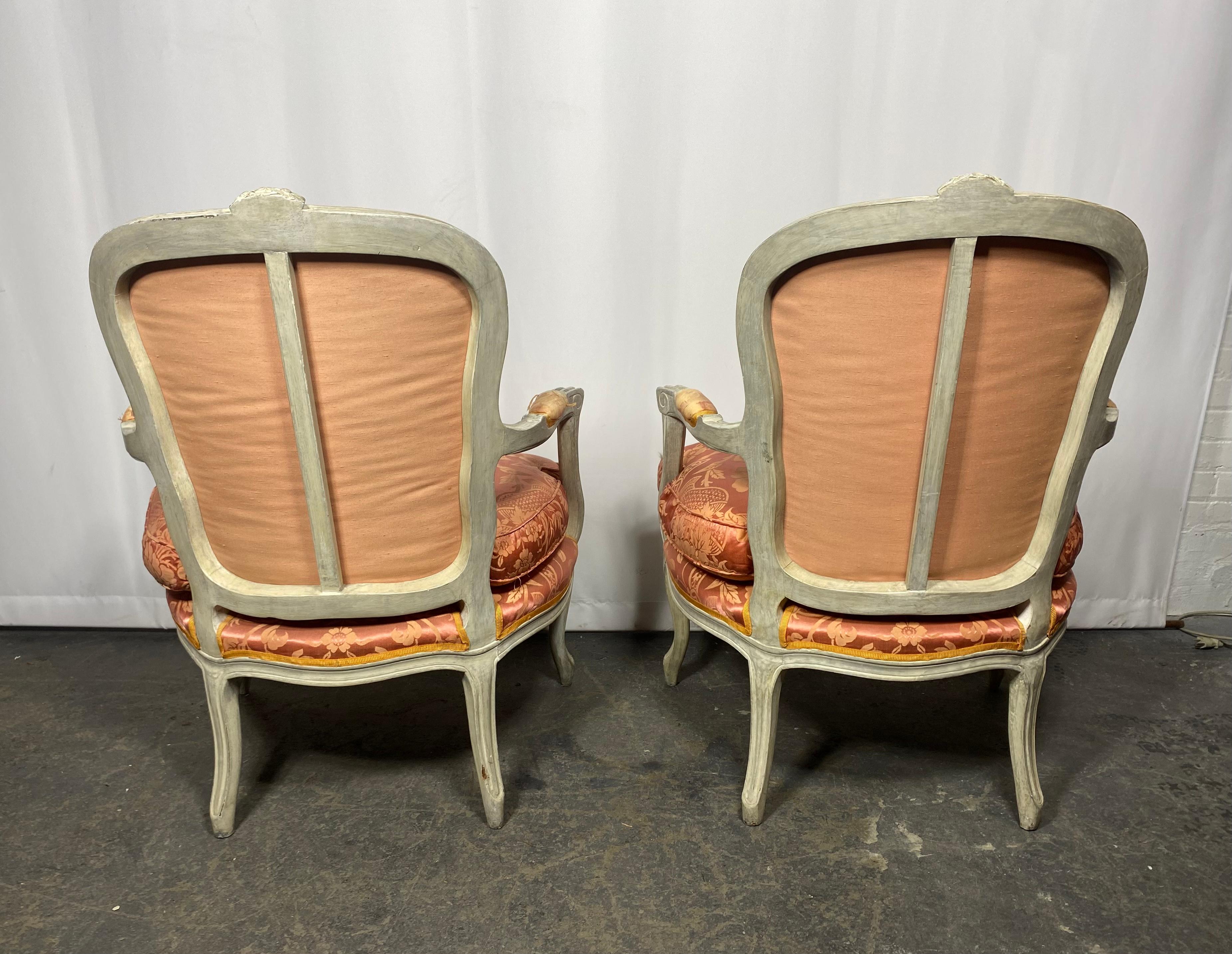 French Early 20th Century Pair of Louis XV Painted Bergère/Armchairs , Down , Damask For Sale