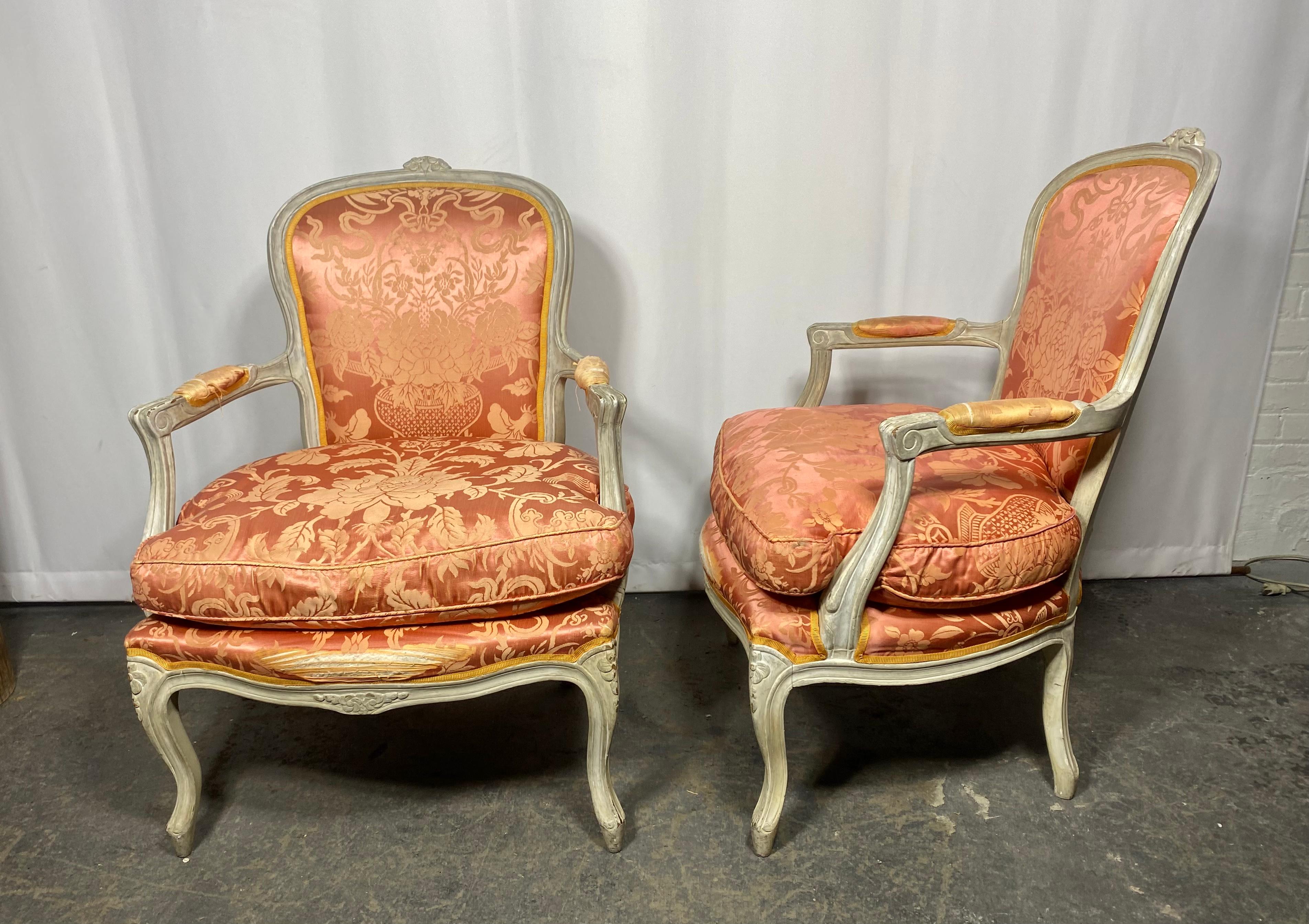 Early 20th Century Pair of Louis XV Painted Bergère/Armchairs , Down , Damask In Distressed Condition For Sale In Buffalo, NY