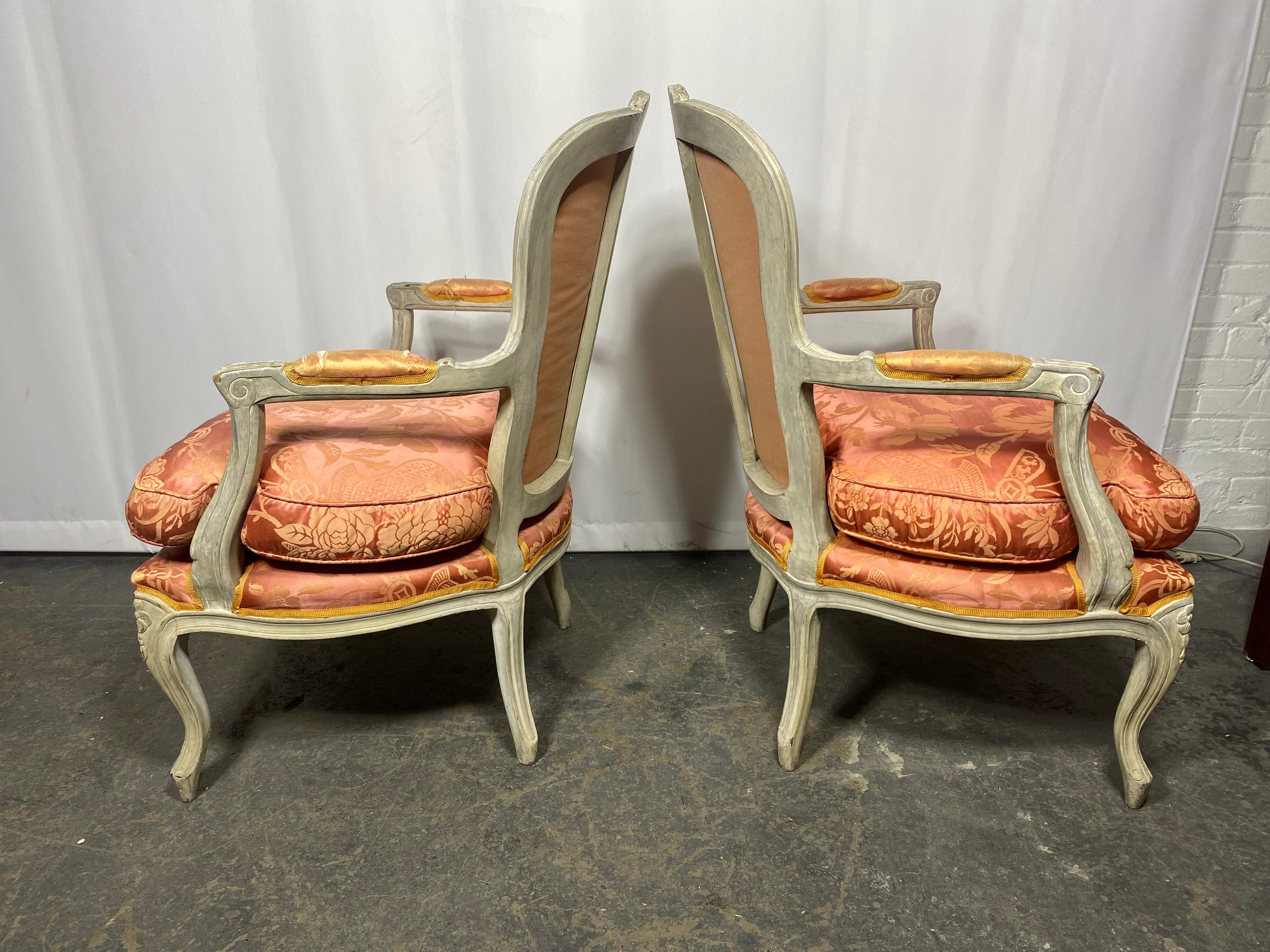 Fabric Early 20th Century Pair of Louis XV Painted Bergère/Armchairs , Down , Damask For Sale