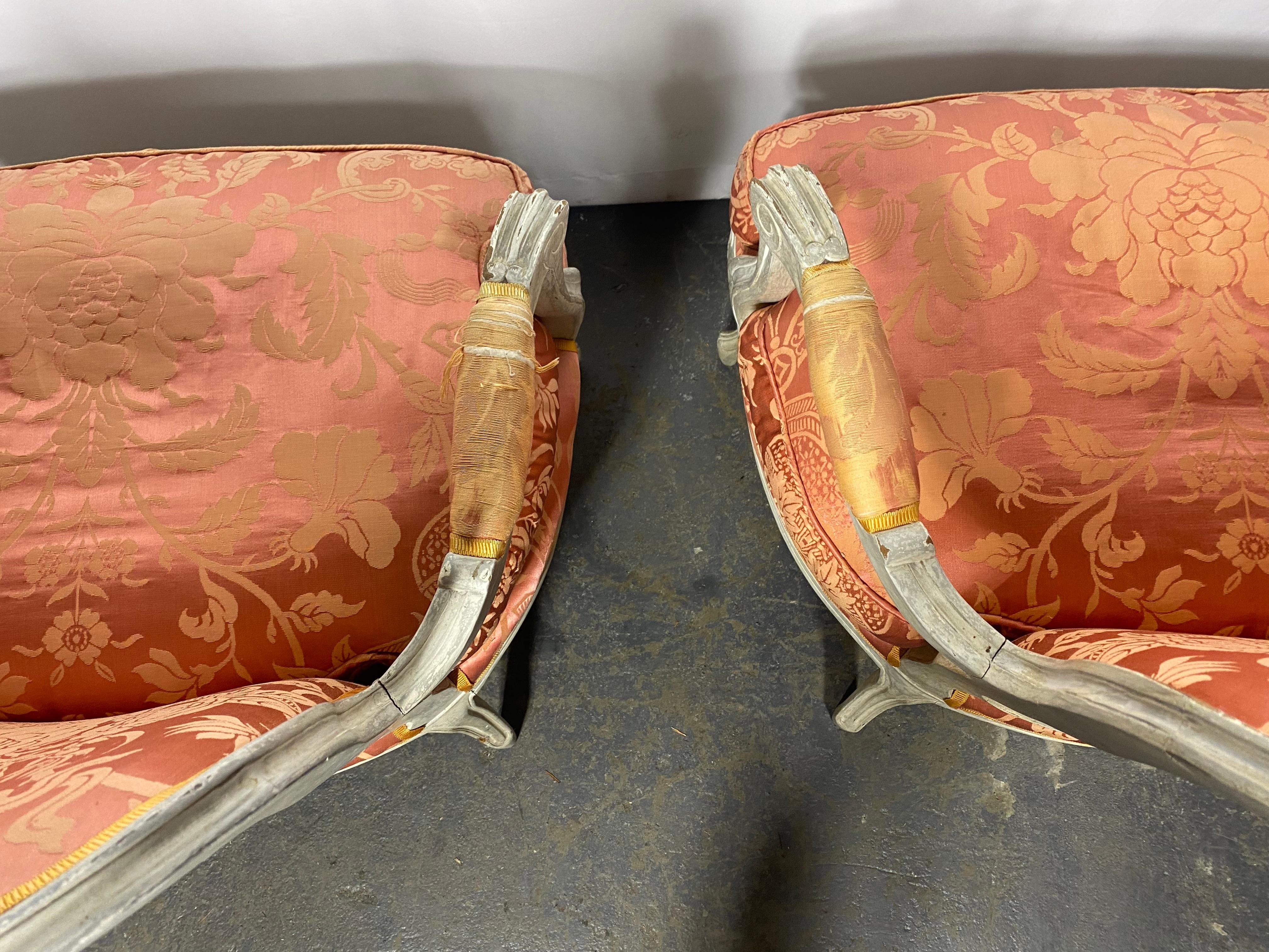 Early 20th Century Pair of Louis XV Painted Bergère/Armchairs , Down , Damask For Sale 1