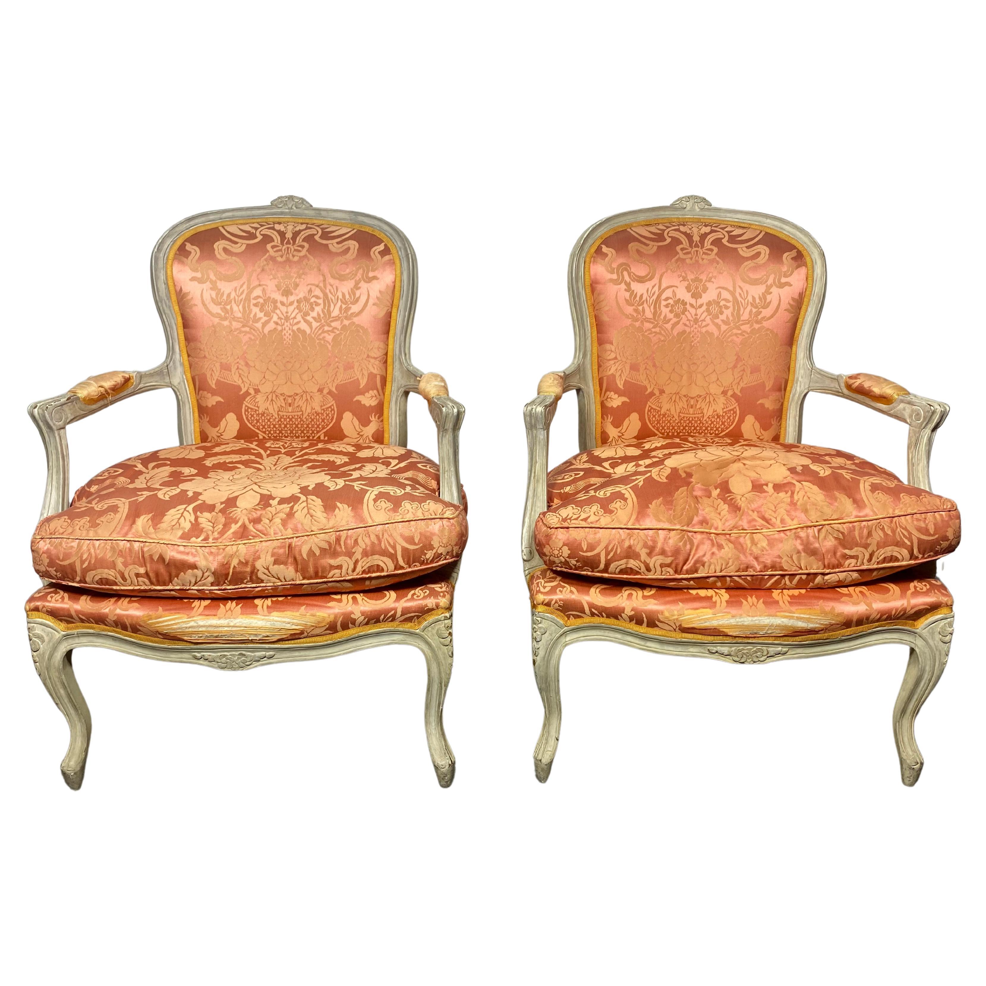 Early 20th Century Pair of Louis XV Painted Bergère/Armchairs , Down , Damask For Sale