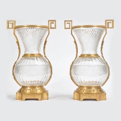 Early 20th Century Pair of Monumental French Ormolu-Mounted Cut Crystal Vases